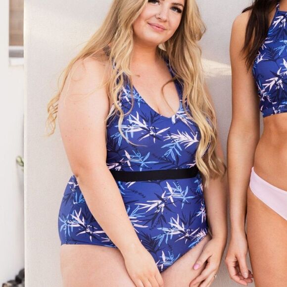 NWT Full Coverage One Piece Swimsuit Blue Palm Print Pockets - Picture 14 of 16